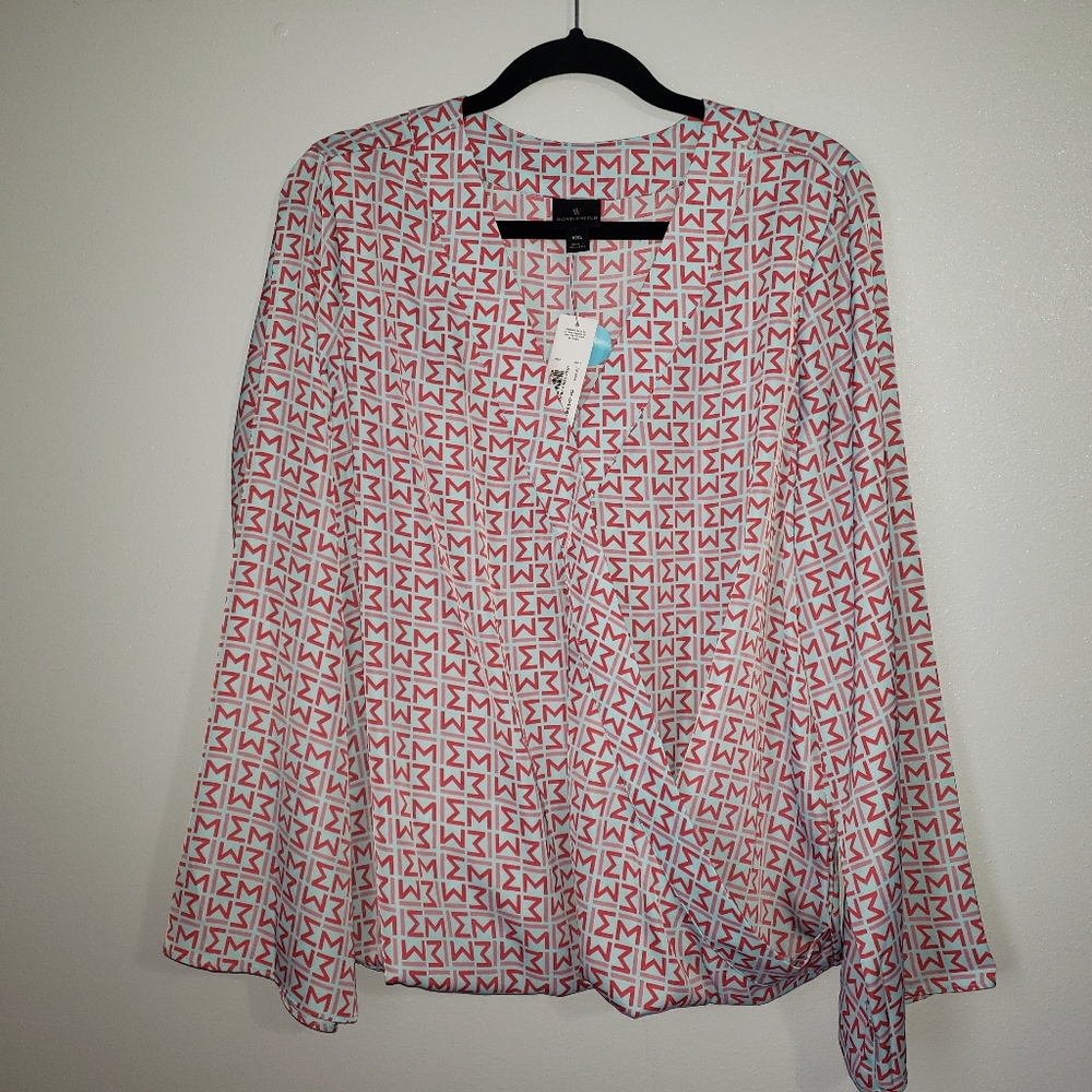 Worthington Neck Blue Logo Print Blouse XXL
